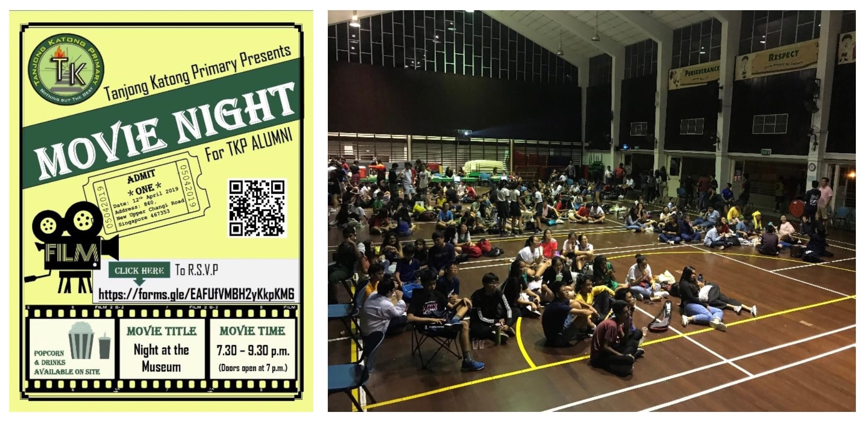 Tanjong Katong Primary Movie Night flyer beside a photo of a large crowd sitting on a school hall floor.